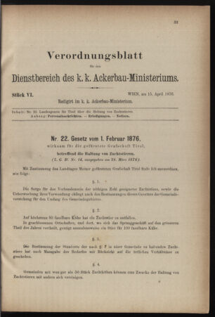 Verordnungsblatt für den Dienstbereich des k.k. Ackerbau-Ministeriums. Red. im k.k. Ackerbau-Ministerium 18760415 Seite: 1