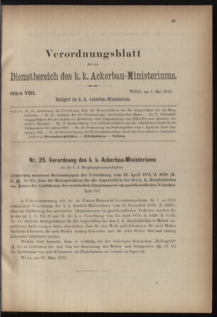 Verordnungsblatt für den Dienstbereich des k.k. Ackerbau-Ministeriums. Red. im k.k. Ackerbau-Ministerium 18760501 Seite: 1