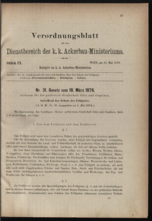 Verordnungsblatt für den Dienstbereich des k.k. Ackerbau-Ministeriums. Red. im k.k. Ackerbau-Ministerium 18760516 Seite: 1