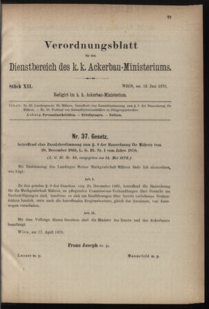 Verordnungsblatt für den Dienstbereich des k.k. Ackerbau-Ministeriums. Red. im k.k. Ackerbau-Ministerium 18760612 Seite: 1