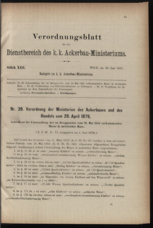 Verordnungsblatt für den Dienstbereich des k.k. Ackerbau-Ministeriums. Red. im k.k. Ackerbau-Ministerium 18760624 Seite: 1