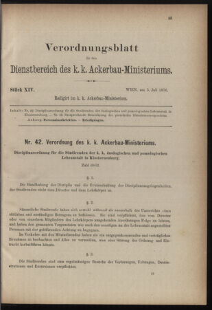 Verordnungsblatt für den Dienstbereich des k.k. Ackerbau-Ministeriums. Red. im k.k. Ackerbau-Ministerium 18760705 Seite: 1