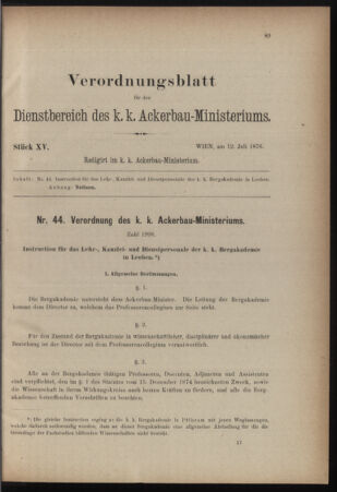 Verordnungsblatt für den Dienstbereich des k.k. Ackerbau-Ministeriums. Red. im k.k. Ackerbau-Ministerium 18760712 Seite: 1