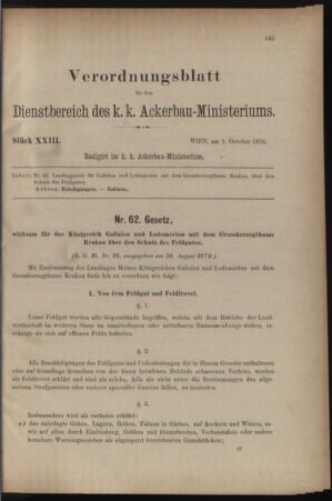 Verordnungsblatt für den Dienstbereich des k.k. Ackerbau-Ministeriums. Red. im k.k. Ackerbau-Ministerium 18761001 Seite: 1