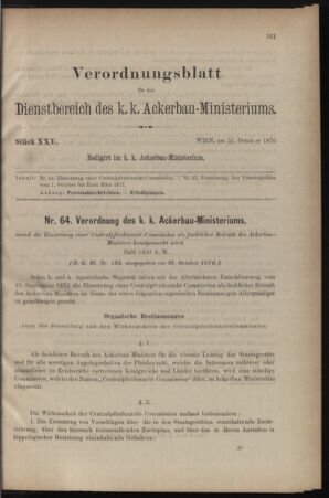 Verordnungsblatt für den Dienstbereich des k.k. Ackerbau-Ministeriums. Red. im k.k. Ackerbau-Ministerium 18761031 Seite: 1