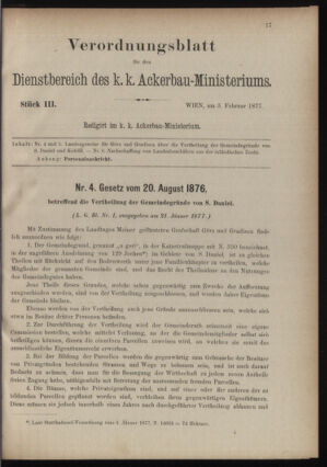 Verordnungsblatt für den Dienstbereich des k.k. Ackerbau-Ministeriums. Red. im k.k. Ackerbau-Ministerium 18770203 Seite: 1