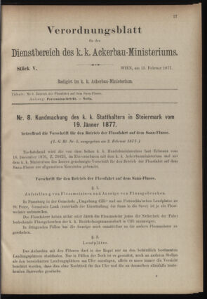 Verordnungsblatt für den Dienstbereich des k.k. Ackerbau-Ministeriums. Red. im k.k. Ackerbau-Ministerium 18770213 Seite: 1