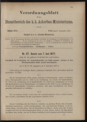 Verordnungsblatt für den Dienstbereich des k.k. Ackerbau-Ministeriums. Red. im k.k. Ackerbau-Ministerium 18770921 Seite: 1