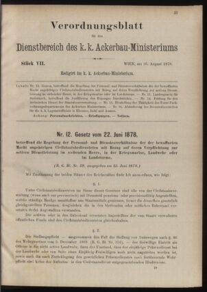 Verordnungsblatt für den Dienstbereich des k.k. Ackerbau-Ministeriums. Red. im k.k. Ackerbau-Ministerium 18780816 Seite: 1