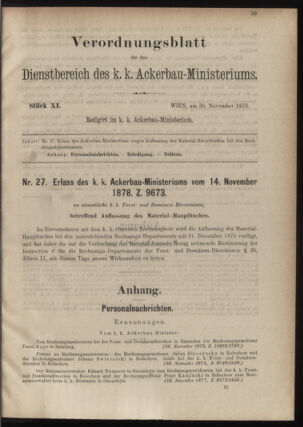 Verordnungsblatt für den Dienstbereich des k.k. Ackerbau-Ministeriums. Red. im k.k. Ackerbau-Ministerium 18781130 Seite: 1