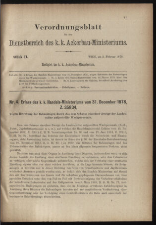 Verordnungsblatt für den Dienstbereich des k.k. Ackerbau-Ministeriums. Red. im k.k. Ackerbau-Ministerium 18790203 Seite: 1