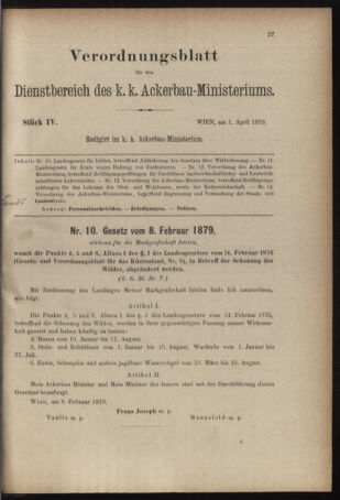 Verordnungsblatt für den Dienstbereich des k.k. Ackerbau-Ministeriums. Red. im k.k. Ackerbau-Ministerium 18790401 Seite: 1