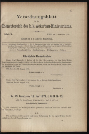 Verordnungsblatt für den Dienstbereich des k.k. Ackerbau-Ministeriums. Red. im k.k. Ackerbau-Ministerium 18790902 Seite: 1