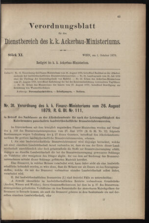 Verordnungsblatt für den Dienstbereich des k.k. Ackerbau-Ministeriums. Red. im k.k. Ackerbau-Ministerium 18791001 Seite: 1