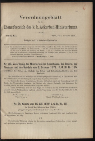 Verordnungsblatt für den Dienstbereich des k.k. Ackerbau-Ministeriums. Red. im k.k. Ackerbau-Ministerium 18791106 Seite: 1