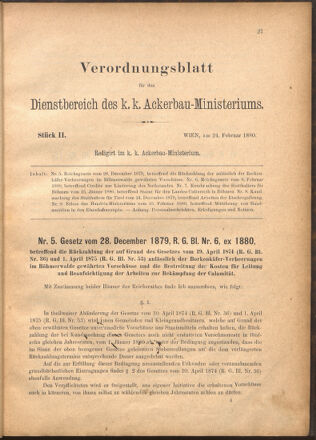 Verordnungsblatt für den Dienstbereich des k.k. Ackerbau-Ministeriums. Red. im k.k. Ackerbau-Ministerium 18800224 Seite: 1