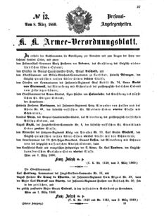 Kaiserlich-königliches Armee-Verordnungsblatt: Personal-Angelegenheiten 18600308 Seite: 1