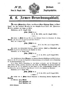 Kaiserlich-königliches Armee-Verordnungsblatt: Personal-Angelegenheiten 18600824 Seite: 1