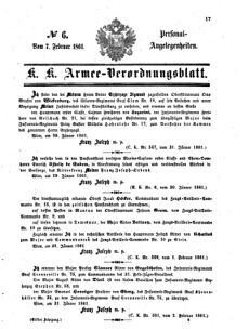 Kaiserlich-königliches Armee-Verordnungsblatt: Personal-Angelegenheiten 18610207 Seite: 1