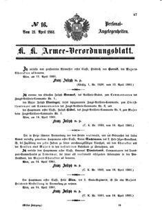 Kaiserlich-königliches Armee-Verordnungsblatt: Personal-Angelegenheiten 18610421 Seite: 1