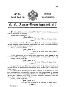 Kaiserlich-königliches Armee-Verordnungsblatt: Personal-Angelegenheiten 18610825 Seite: 1