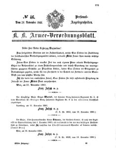 Kaiserlich-königliches Armee-Verordnungsblatt: Personal-Angelegenheiten 18611124 Seite: 1