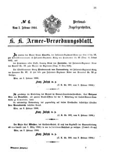 Kaiserlich-königliches Armee-Verordnungsblatt: Personal-Angelegenheiten 18640207 Seite: 1