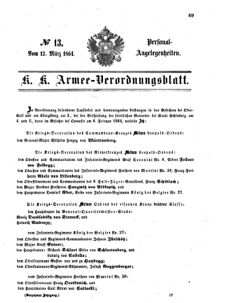 Kaiserlich-königliches Armee-Verordnungsblatt: Personal-Angelegenheiten 18640312 Seite: 1