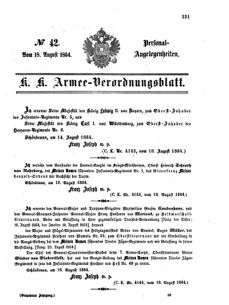 Kaiserlich-königliches Armee-Verordnungsblatt: Personal-Angelegenheiten 18640818 Seite: 1