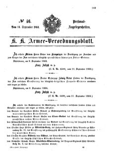 Kaiserlich-königliches Armee-Verordnungsblatt: Personal-Angelegenheiten 18640914 Seite: 1