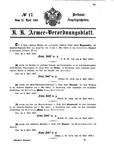 Kaiserlich-königliches Armee-Verordnungsblatt: Personal-Angelegenheiten 18670412 Seite: 1