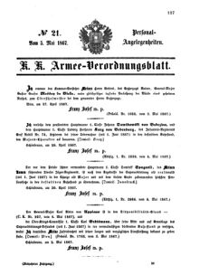 Kaiserlich-königliches Armee-Verordnungsblatt: Personal-Angelegenheiten 18670505 Seite: 1