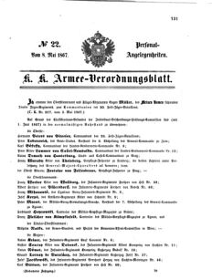 Kaiserlich-königliches Armee-Verordnungsblatt: Personal-Angelegenheiten 18670508 Seite: 1