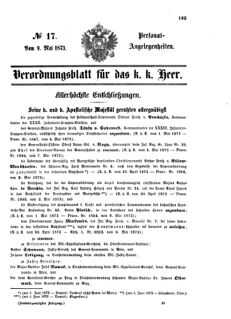 Kaiserlich-königliches Armee-Verordnungsblatt: Personal-Angelegenheiten 18730509 Seite: 1