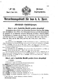 Kaiserlich-königliches Armee-Verordnungsblatt: Personal-Angelegenheiten 18740606 Seite: 1