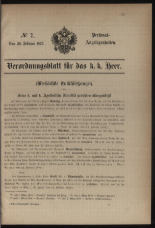 Kaiserlich-königliches Armee-Verordnungsblatt: Personal-Angelegenheiten 18760226 Seite: 1