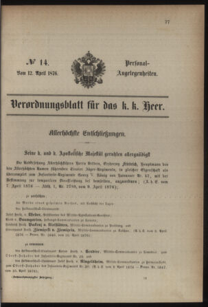 Kaiserlich-königliches Armee-Verordnungsblatt: Personal-Angelegenheiten 18760412 Seite: 1