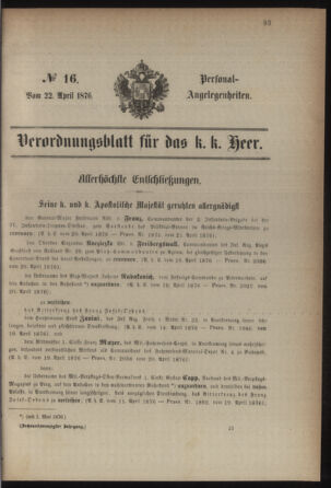 Kaiserlich-königliches Armee-Verordnungsblatt: Personal-Angelegenheiten 18760422 Seite: 1