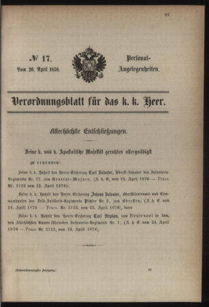 Kaiserlich-königliches Armee-Verordnungsblatt: Personal-Angelegenheiten 18760426 Seite: 1