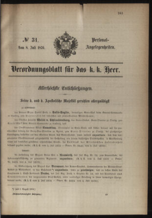 Kaiserlich-königliches Armee-Verordnungsblatt: Personal-Angelegenheiten 18760708 Seite: 1