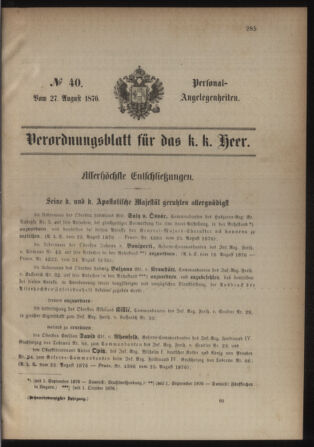 Kaiserlich-königliches Armee-Verordnungsblatt: Personal-Angelegenheiten 18760827 Seite: 1