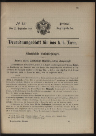 Kaiserlich-königliches Armee-Verordnungsblatt: Personal-Angelegenheiten 18760927 Seite: 1