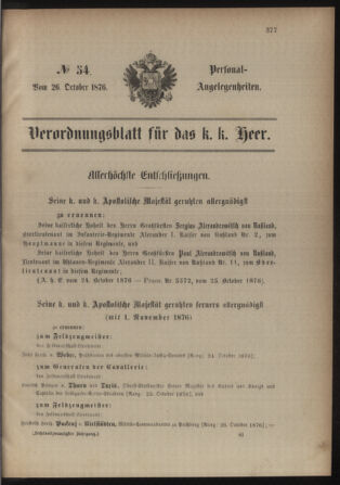 Kaiserlich-königliches Armee-Verordnungsblatt: Personal-Angelegenheiten 18761026 Seite: 1