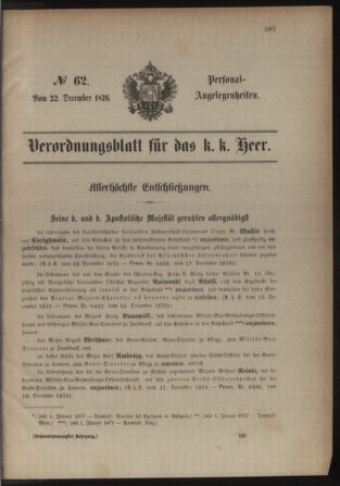 Kaiserlich-königliches Armee-Verordnungsblatt: Personal-Angelegenheiten 18761222 Seite: 1