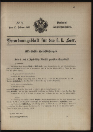 Kaiserlich-königliches Armee-Verordnungsblatt: Personal-Angelegenheiten 18770225 Seite: 1