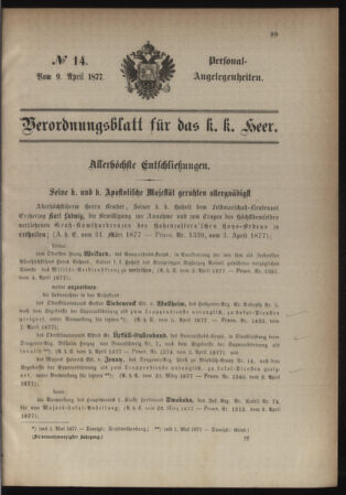 Kaiserlich-königliches Armee-Verordnungsblatt: Personal-Angelegenheiten 18770409 Seite: 1