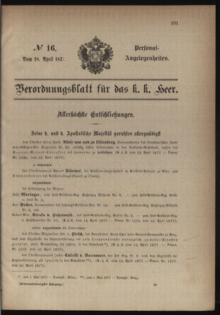 Kaiserlich-königliches Armee-Verordnungsblatt: Personal-Angelegenheiten 18770418 Seite: 1