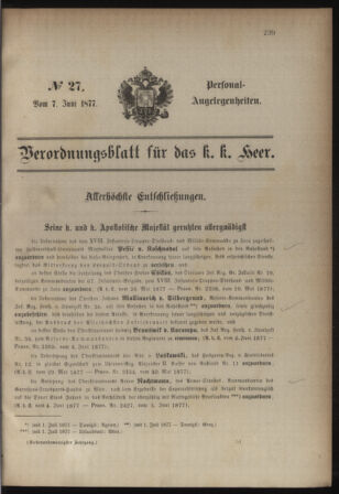 Kaiserlich-königliches Armee-Verordnungsblatt: Personal-Angelegenheiten 18770607 Seite: 1