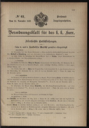 Kaiserlich-königliches Armee-Verordnungsblatt: Personal-Angelegenheiten 18771123 Seite: 1