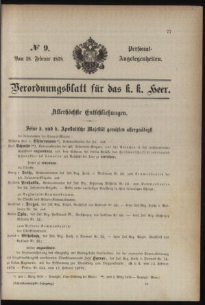 Kaiserlich-königliches Armee-Verordnungsblatt: Personal-Angelegenheiten 18780218 Seite: 1